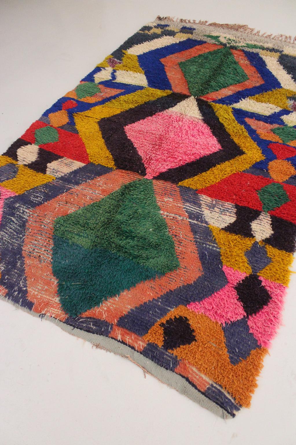 Vintage area moroccan rug - pink, gree, blue - Boucherouite - 5x8.2feet / 154x250cm