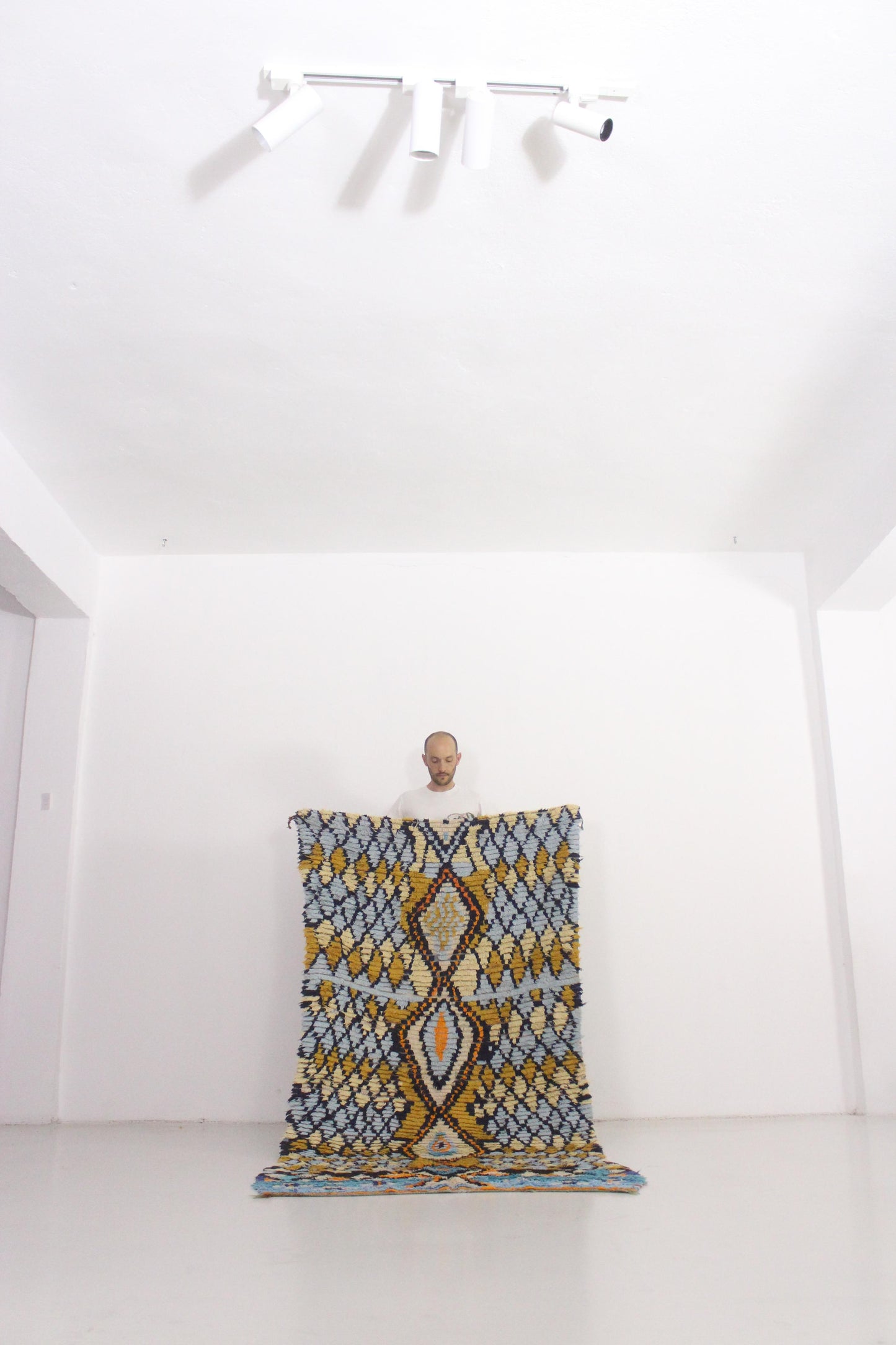 Vintage moroccan rug - blue, mustard - Cotton boucherouite - 4x8.2feet / 122x252cm