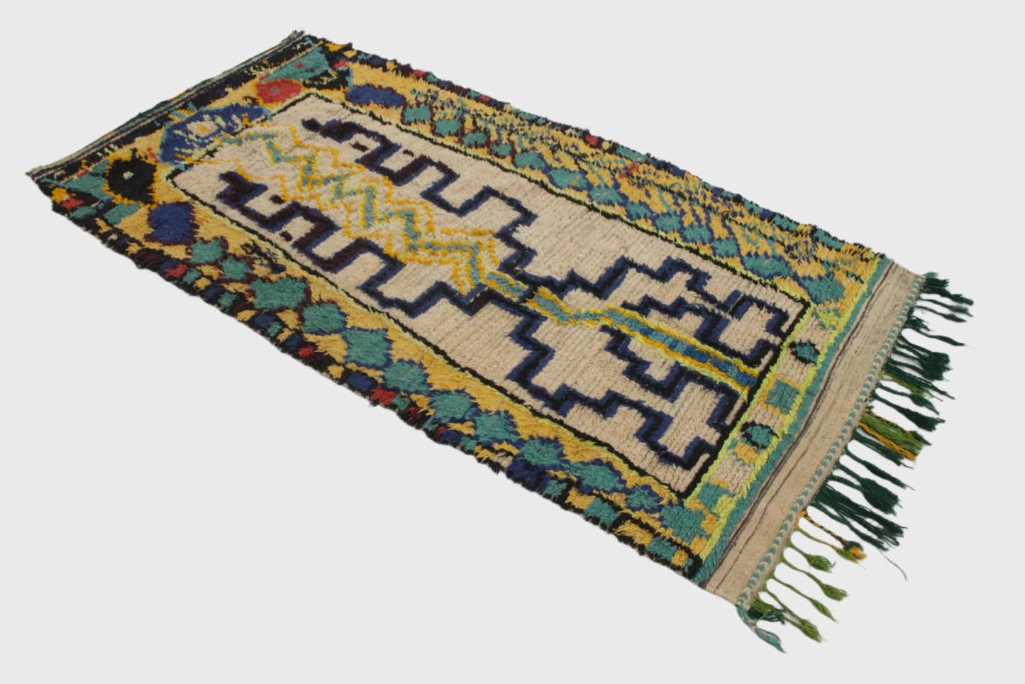 Vintage moroccan rug - beige, blue, green - Azilal - 3.3x6.4feet / 100x197cm