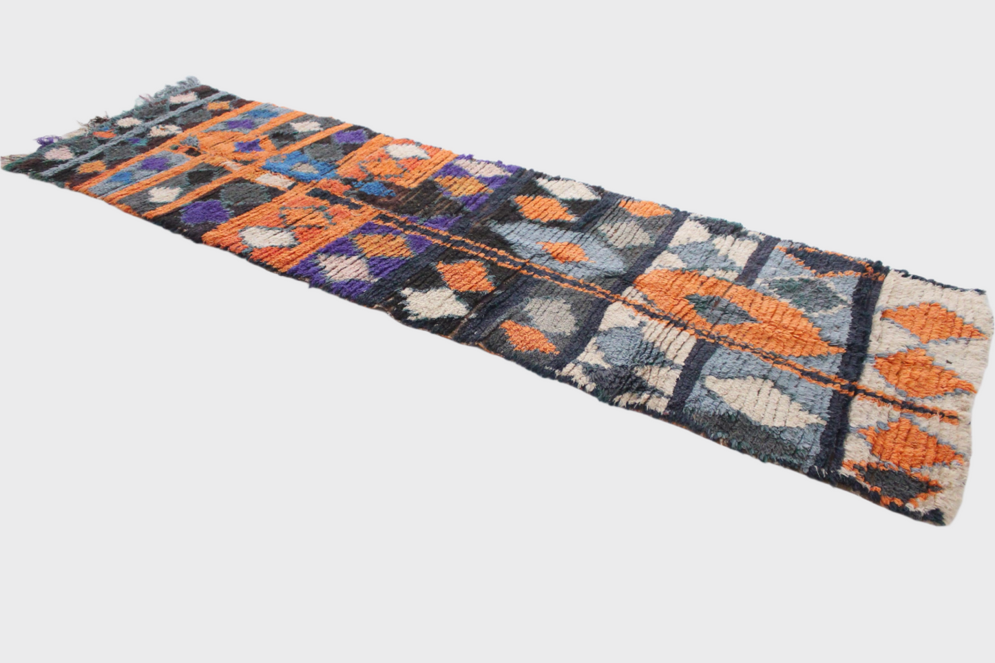 Vintage moroccan runner rug - green, blue, orange - Boucherouite - 2.4x8.7feet / 75x265cm