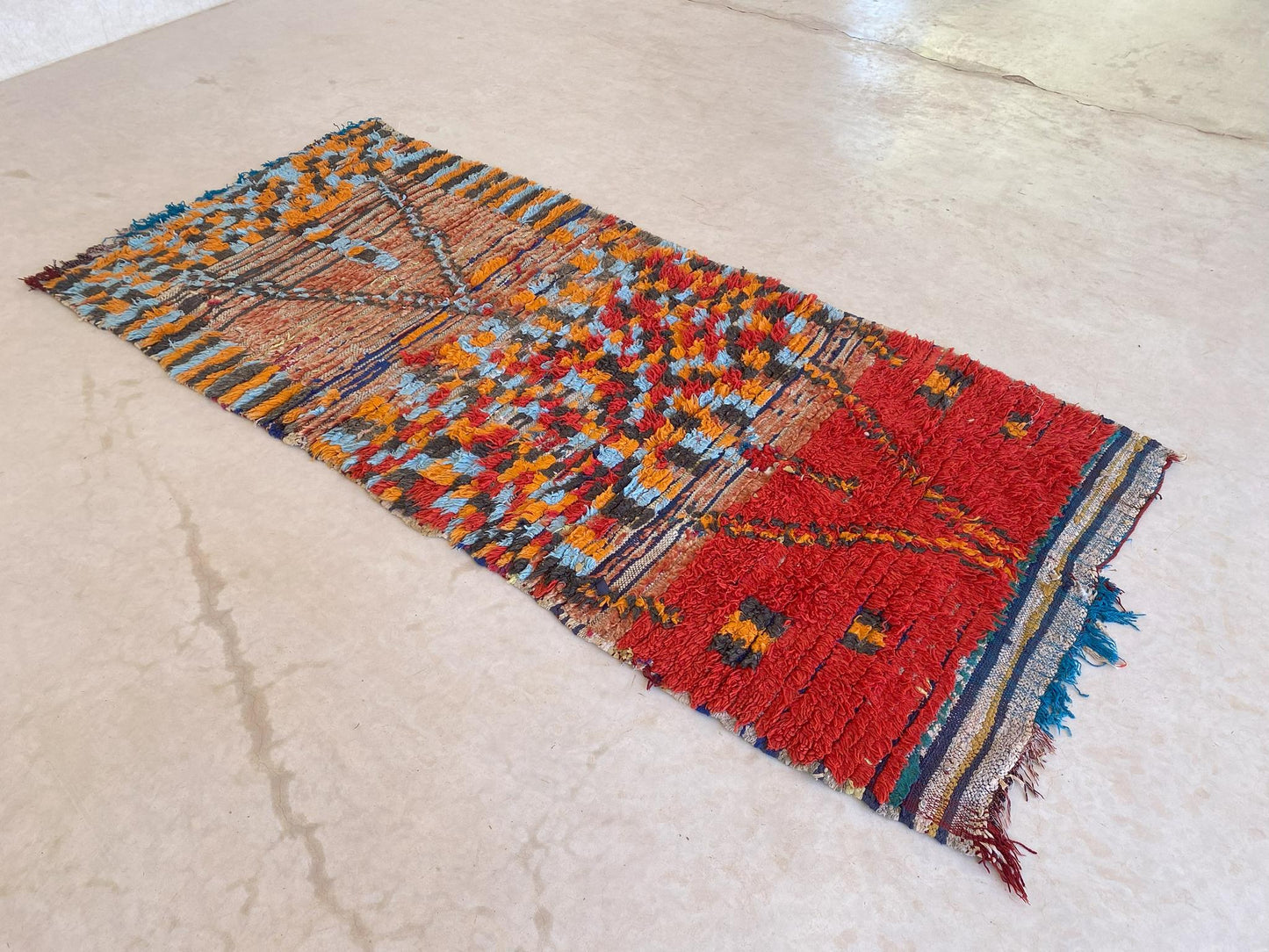 Vintage moroccan runner rug - red, orange, blue - 3.4x7.5feet / 106x230cm