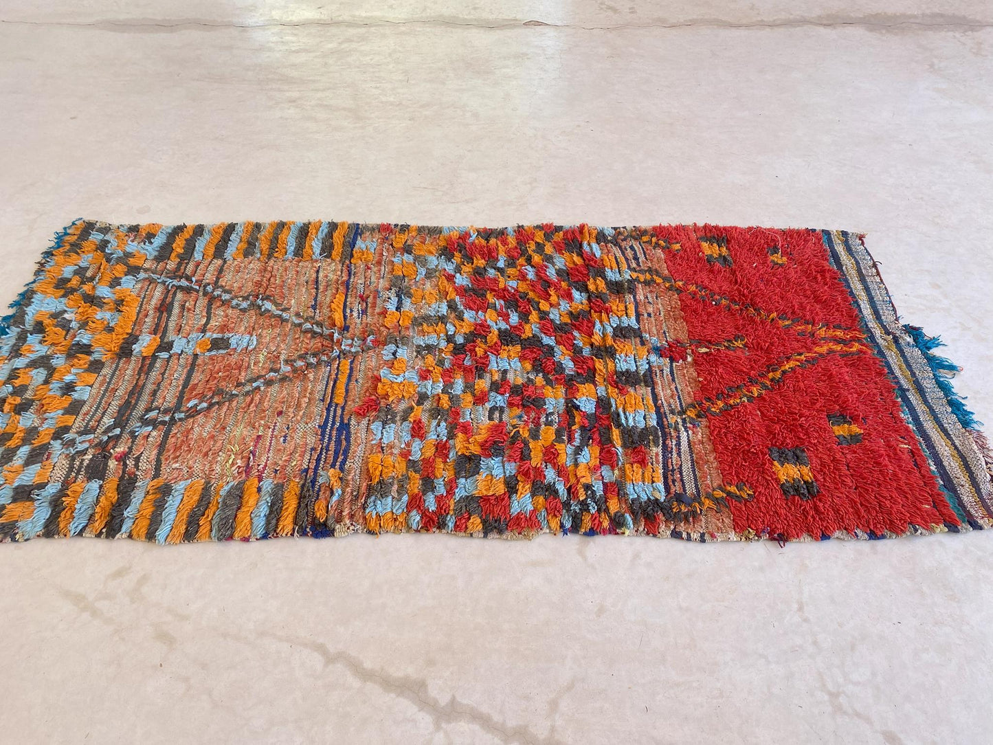 Vintage moroccan runner rug - red, orange, blue - 3.4x7.5feet / 106x230cm
