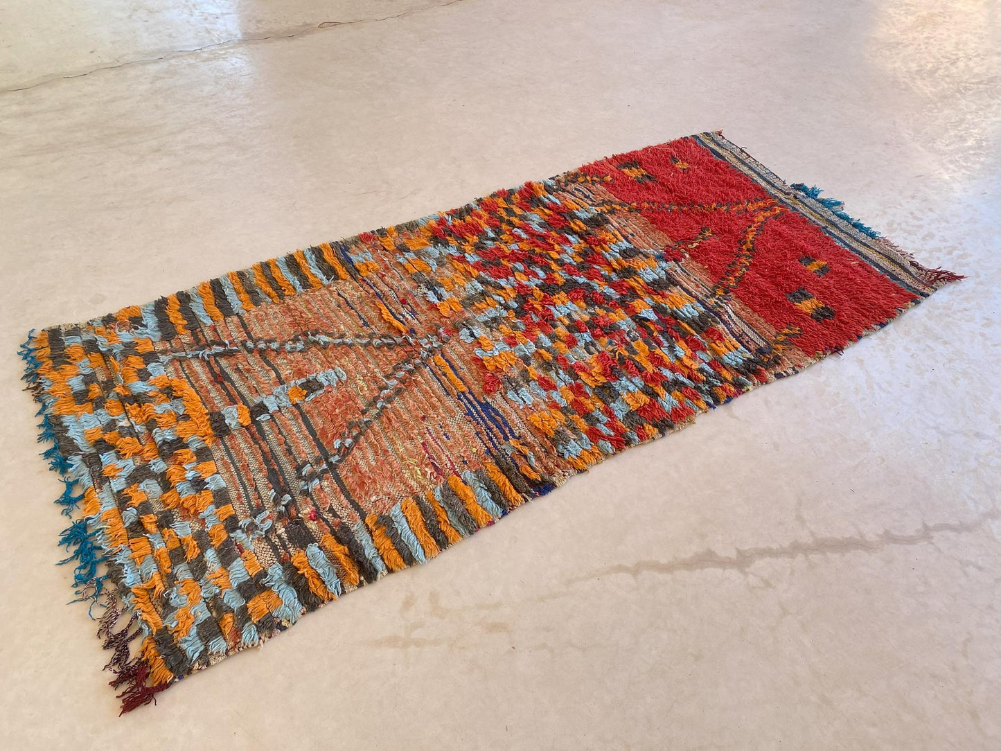 Vintage moroccan runner rug - red, orange, blue - 3.4x7.5feet / 106x230cm