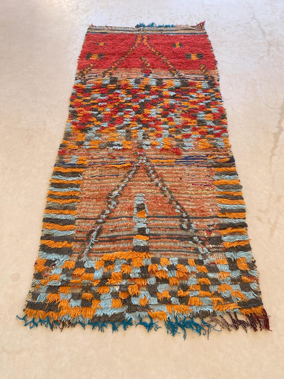 Vintage moroccan runner rug - red, orange, blue - 3.4x7.5feet / 106x230cm