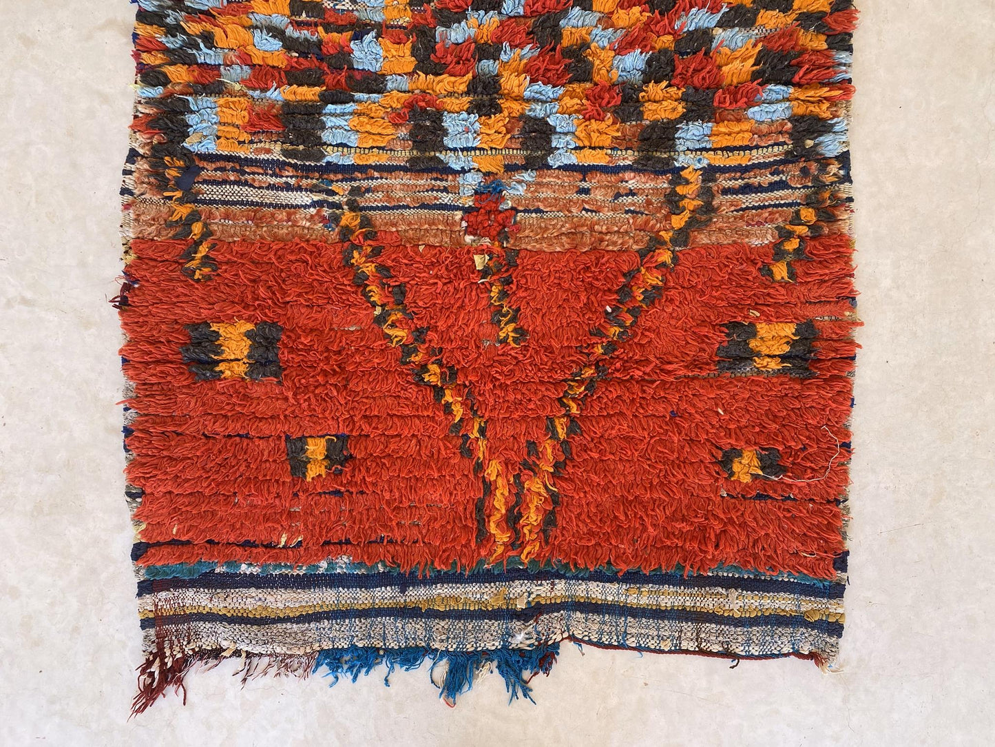 Vintage moroccan runner rug - red, orange, blue - 3.4x7.5feet / 106x230cm