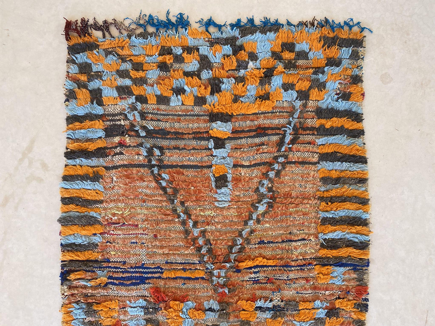 Vintage moroccan runner rug - red, orange, blue - 3.4x7.5feet / 106x230cm