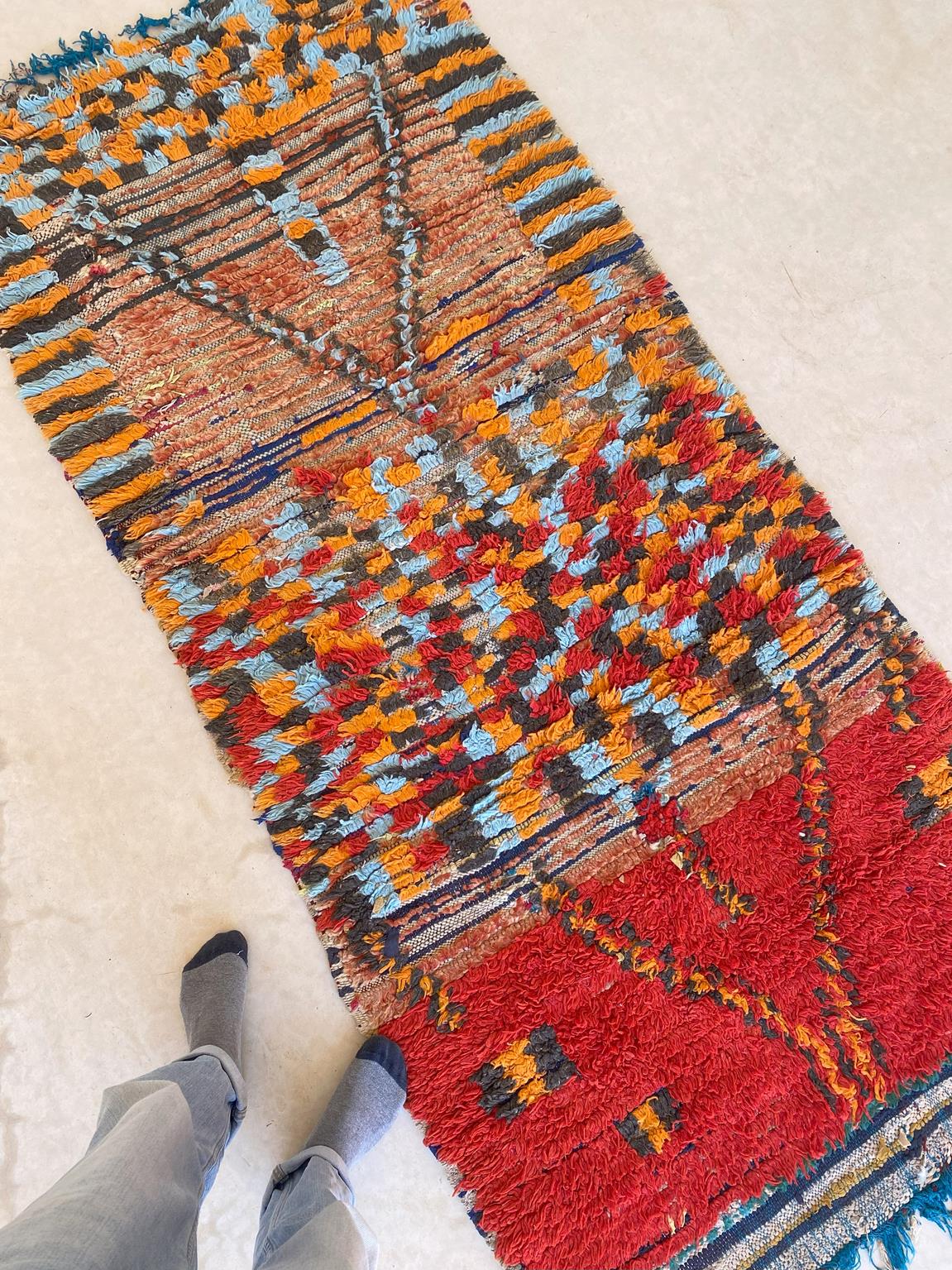Vintage moroccan runner rug - red, orange, blue - 3.4x7.5feet / 106x230cm