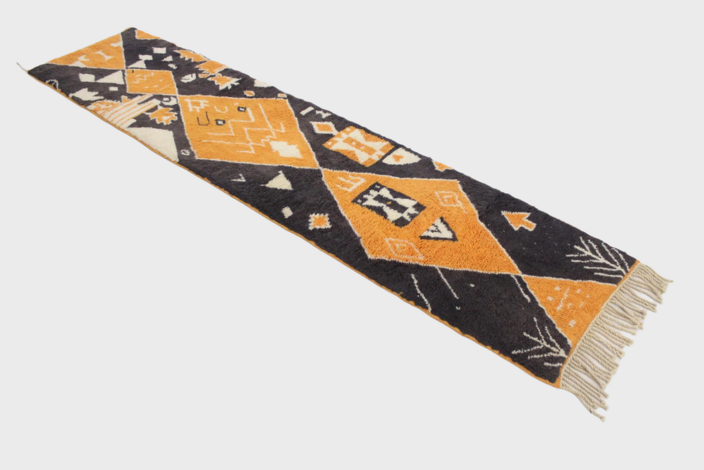 Contemporary moroccan runner rug - black, orange - Mrirt - 2.4x9.9feet / 74x303cm