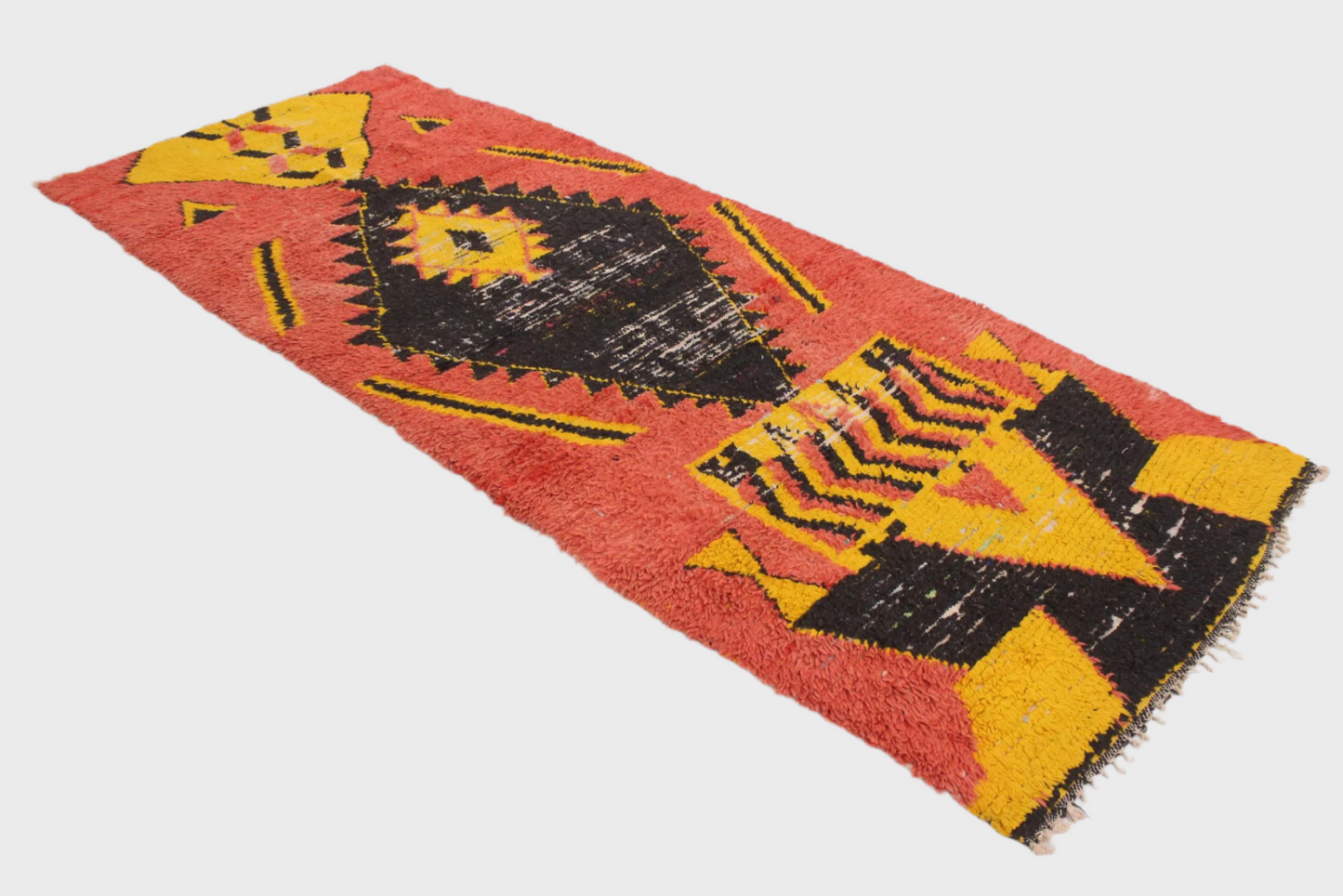 Vintage moroccan runner rug - orange, yellow, black - Boucherouite - 3.6x8.8feet / 110x268cm
