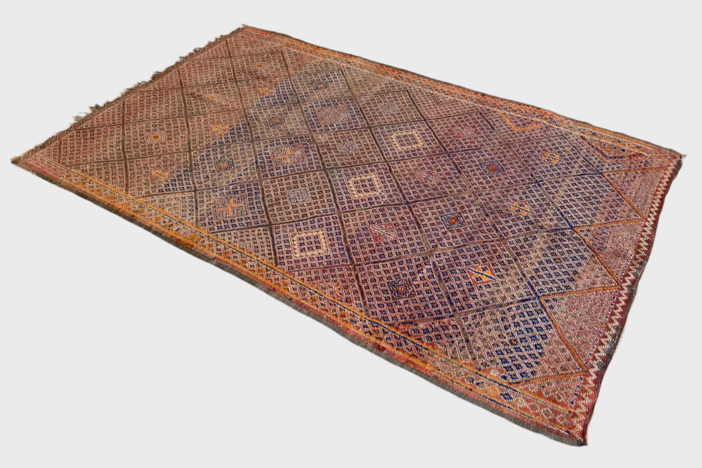 Vintage area moroccan rug - cream, orange, blue - Beni Mguild - 6.1x9.8feet / 186x298cm