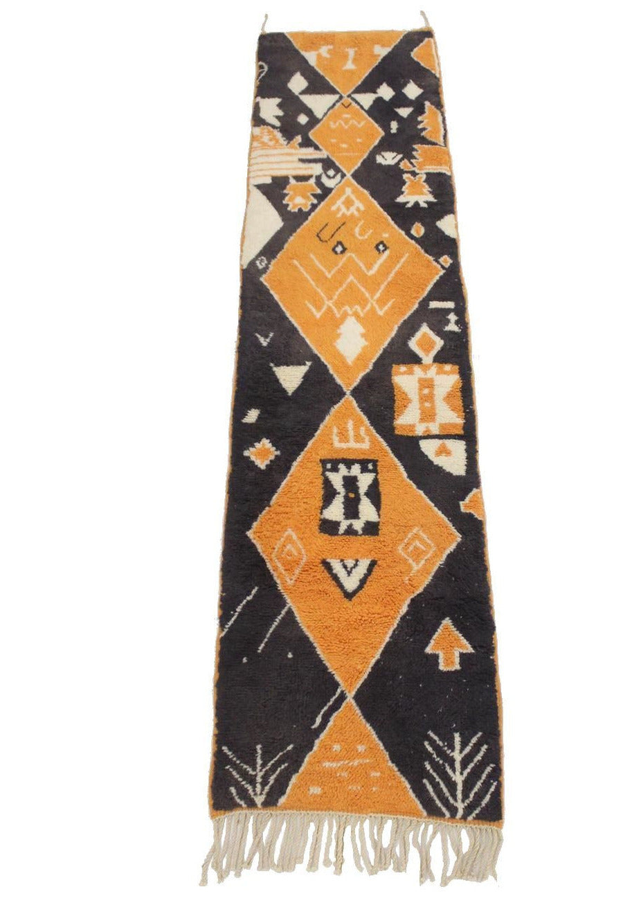 Contemporary moroccan runner rug - black, orange - Mrirt - 2.4x9.9feet / 74x303cm