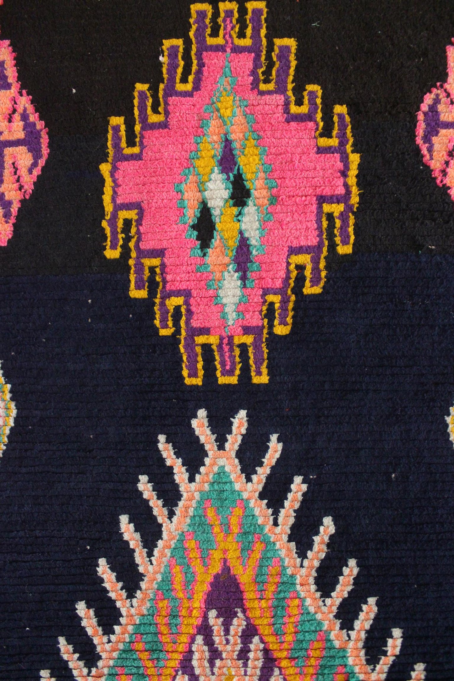 Vintage moroccan runner rug - dark blue, pink - Boucherouite - 2.6-2.9x6.8feet / 80-88x208cm