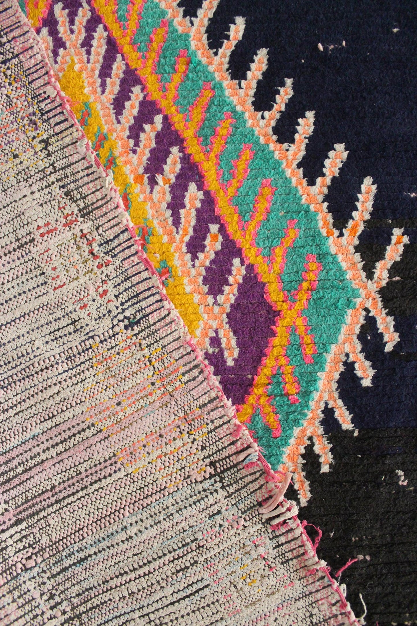 Vintage moroccan runner rug - dark blue, pink - Boucherouite - 2.6-2.9x6.8feet / 80-88x208cm
