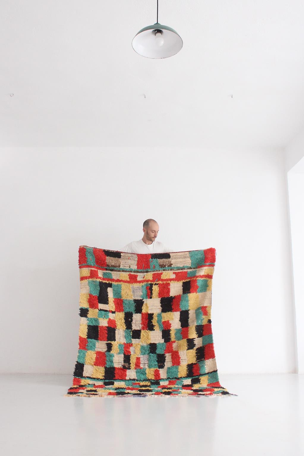 Vintage moroccan rug - checkered in cream, green, black, red, yellow - Azilal - 4.8x7.1feet / 148x217cm