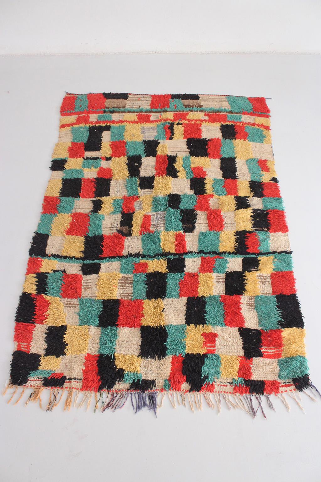 Vintage moroccan rug - checkered in cream, green, black, red, yellow - Azilal - 4.8x7.1feet / 148x217cm