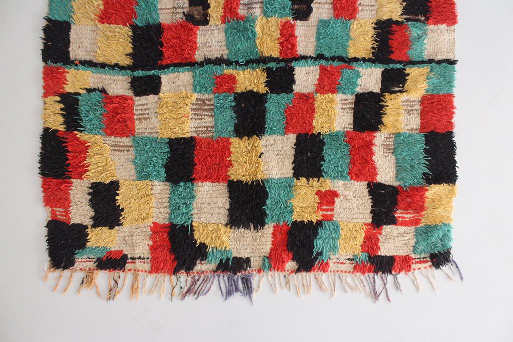 Vintage moroccan rug - checkered in cream, green, black, red, yellow - Azilal - 4.8x7.1feet / 148x217cm