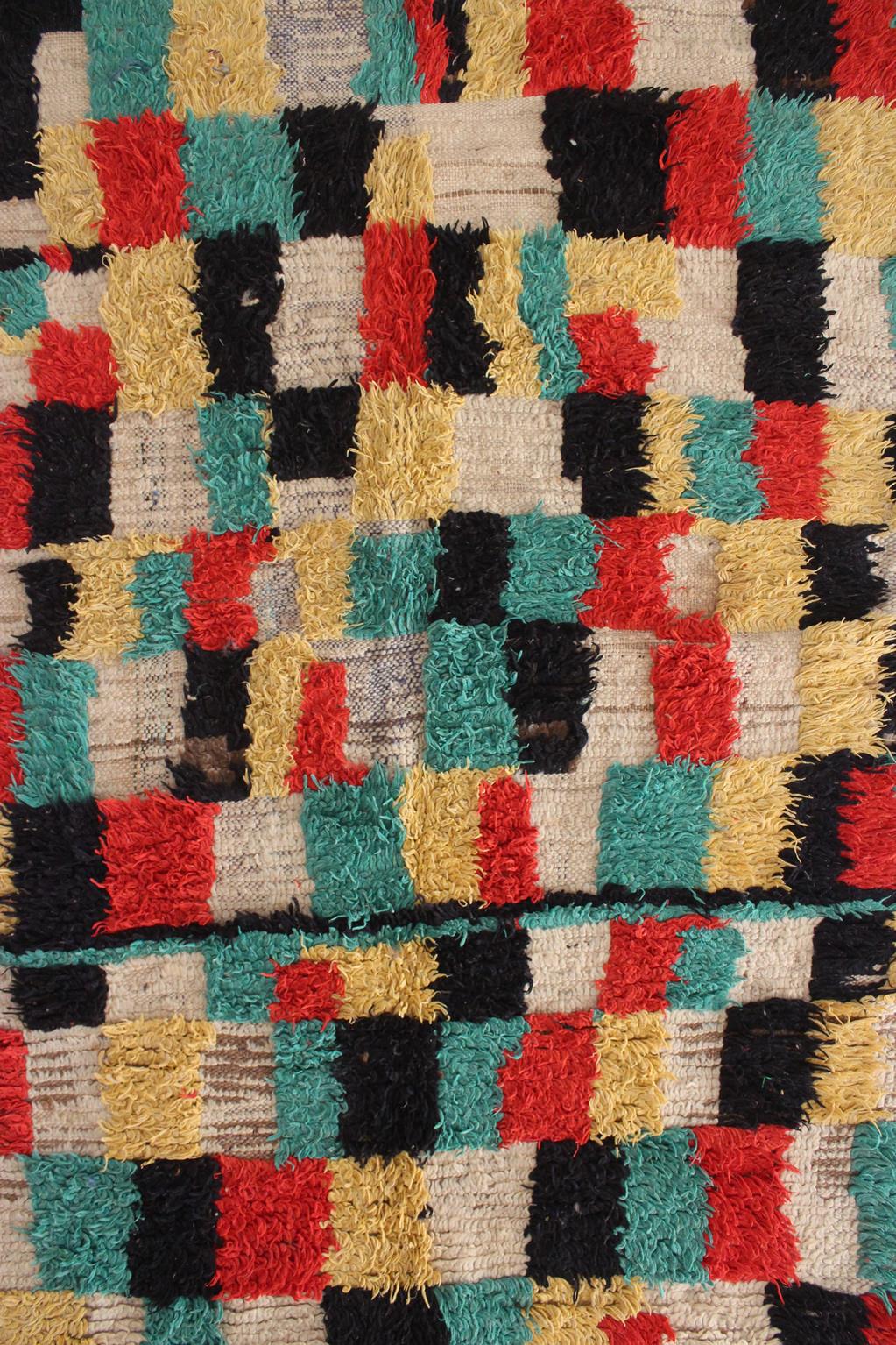 Vintage moroccan rug - checkered in cream, green, black, red, yellow - Azilal - 4.8x7.1feet / 148x217cm