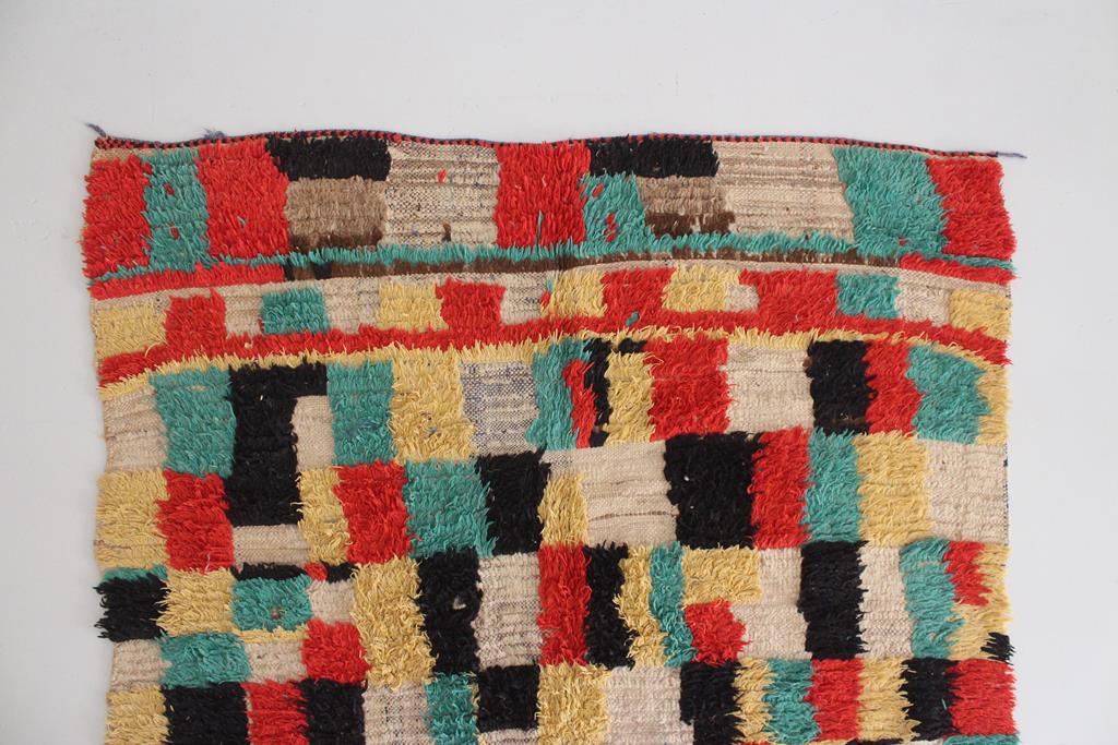 Vintage moroccan rug - checkered in cream, green, black, red, yellow - Azilal - 4.8x7.1feet / 148x217cm