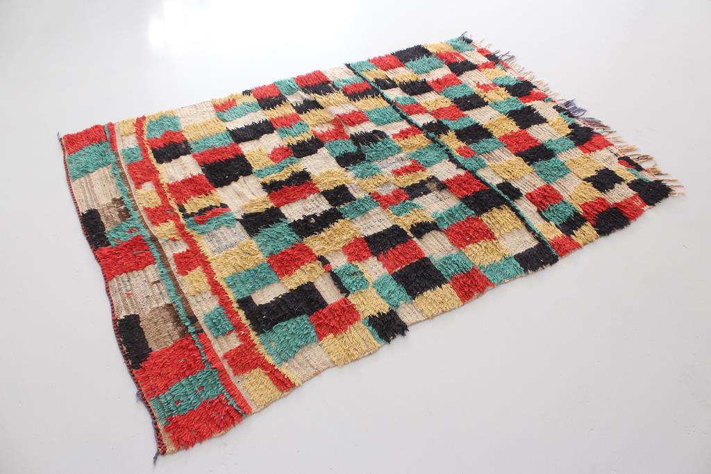Vintage moroccan rug - checkered in cream, green, black, red, yellow - Azilal - 4.8x7.1feet / 148x217cm
