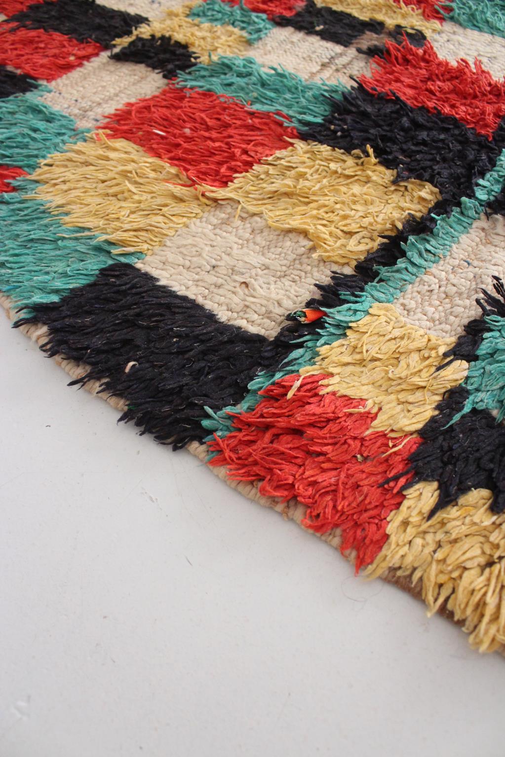 Vintage moroccan rug - checkered in cream, green, black, red, yellow - Azilal - 4.8x7.1feet / 148x217cm