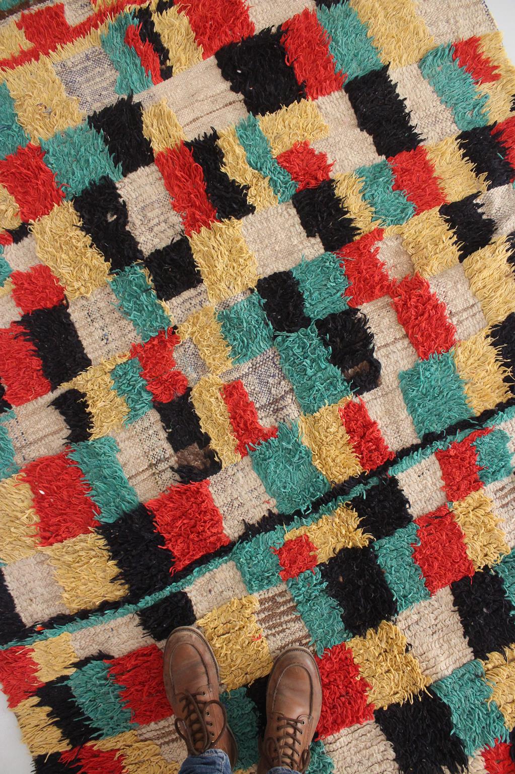 Vintage moroccan rug - checkered in cream, green, black, red, yellow - Azilal - 4.8x7.1feet / 148x217cm