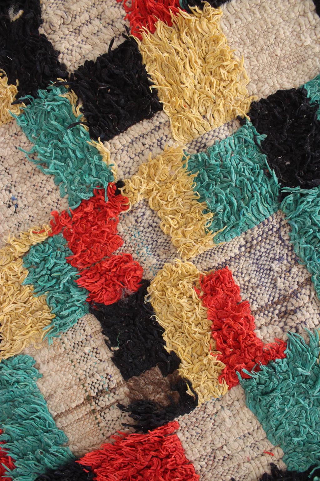 Vintage moroccan rug - checkered in cream, green, black, red, yellow - Azilal - 4.8x7.1feet / 148x217cm