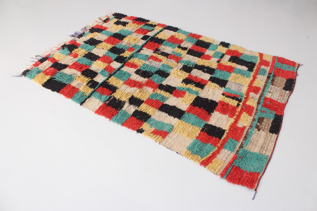 Vintage moroccan rug - checkered in cream, green, black, red, yellow - Azilal - 4.8x7.1feet / 148x217cm