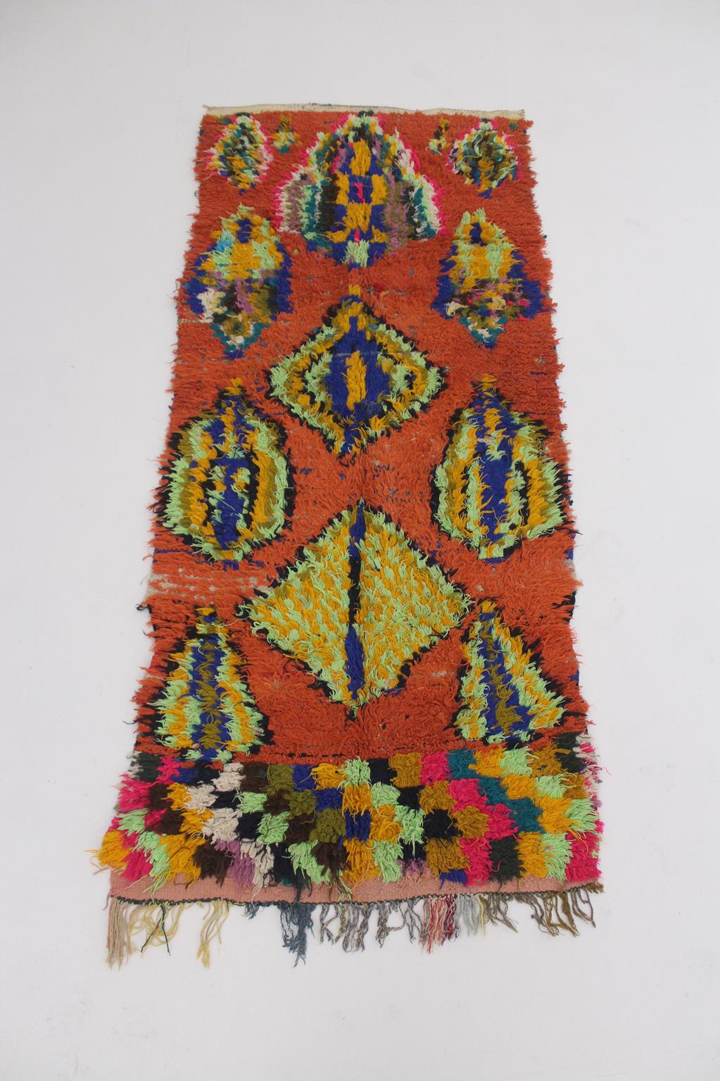 Vintage moroccan runner rug - orange - Boucherouite - 3.1x7.2feet / 95x220cm