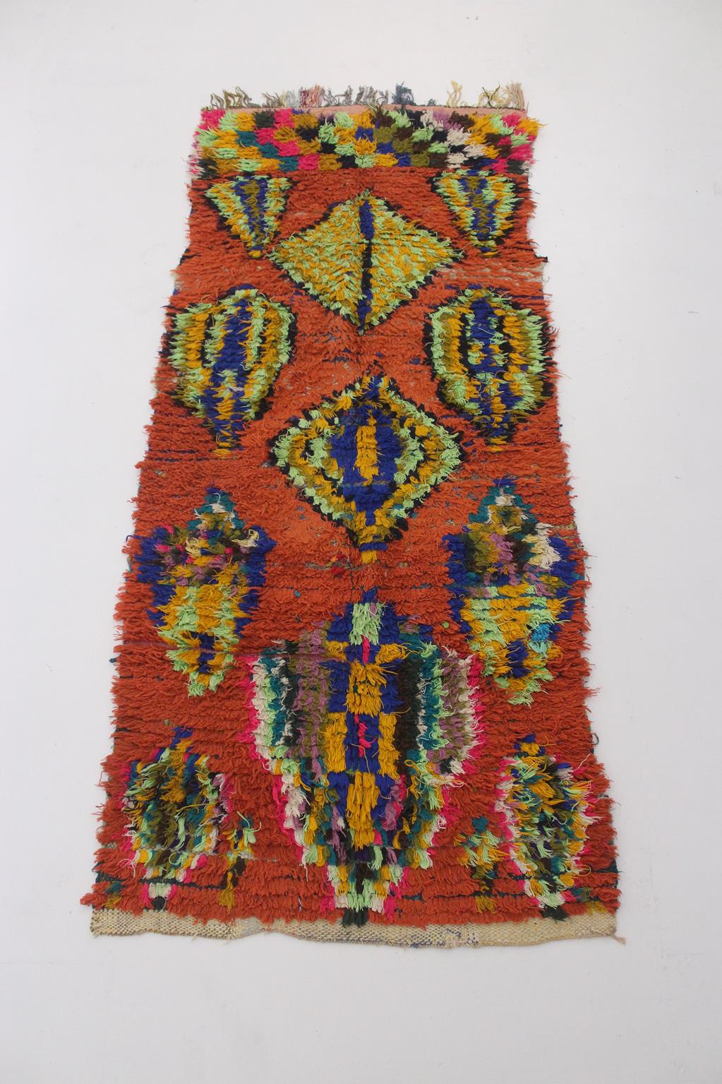 Vintage moroccan runner rug - orange - Boucherouite - 3.1x7.2feet / 95x220cm