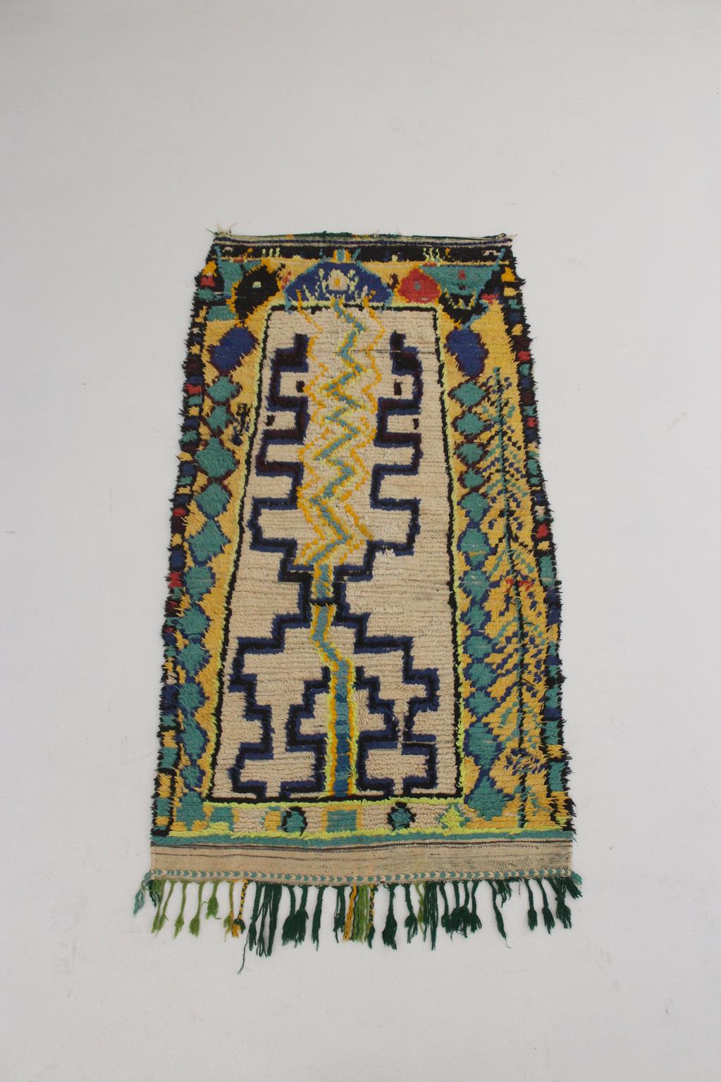 Vintage moroccan rug - beige, blue, green - Azilal - 3.3x6.4feet / 100x197cm