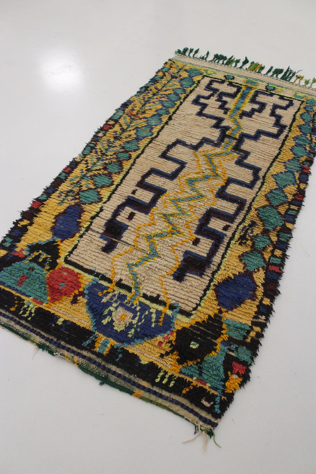 Vintage moroccan rug - beige, blue, green - Azilal - 3.3x6.4feet / 100x197cm