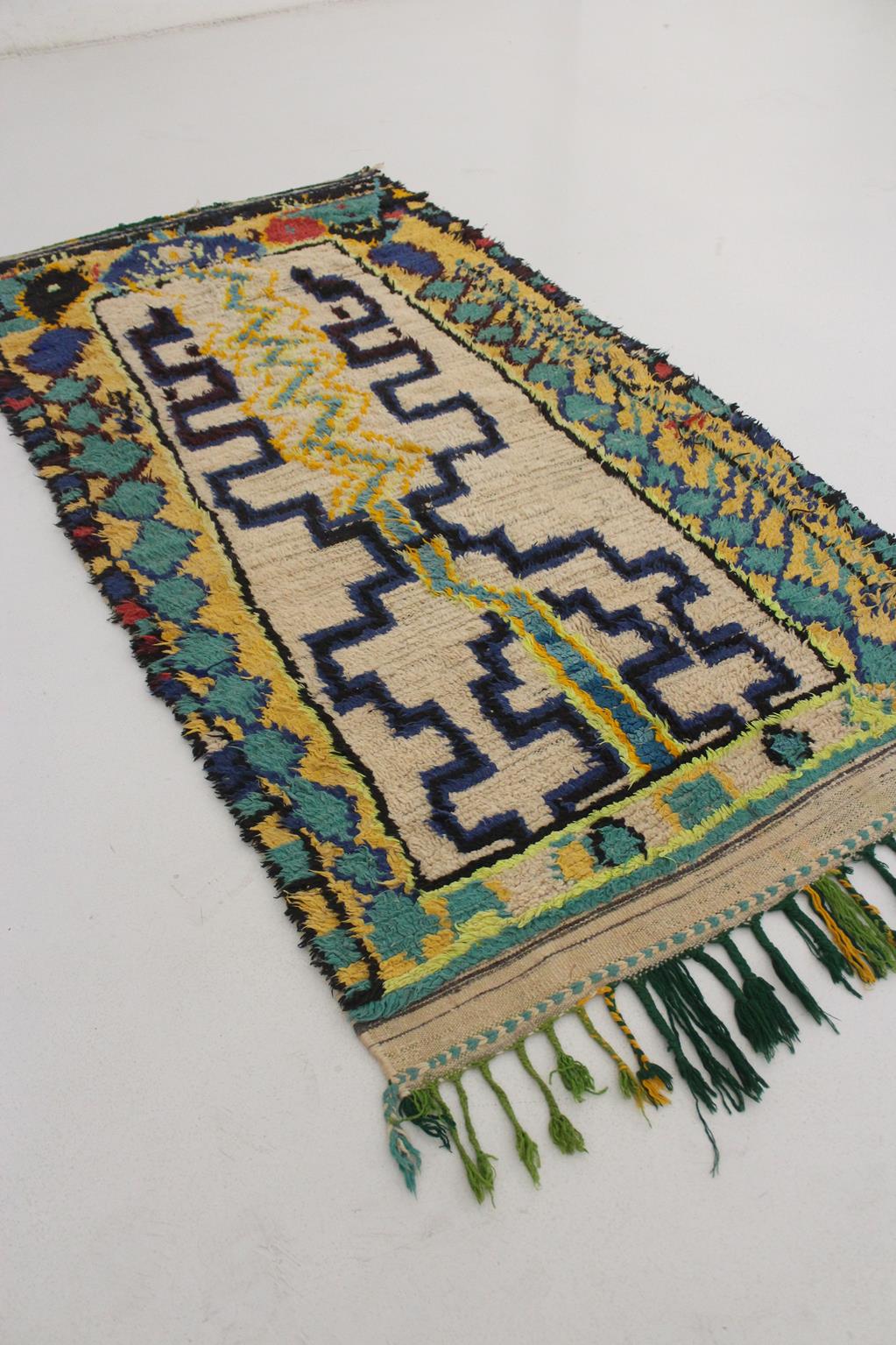 Vintage moroccan rug - beige, blue, green - Azilal - 3.3x6.4feet / 100x197cm