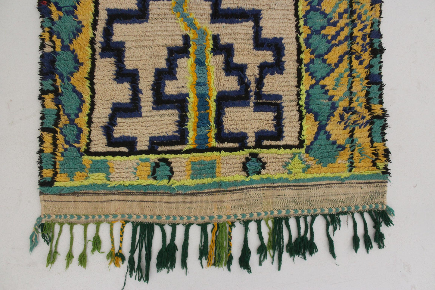 Vintage moroccan rug - beige, blue, green - Azilal - 3.3x6.4feet / 100x197cm