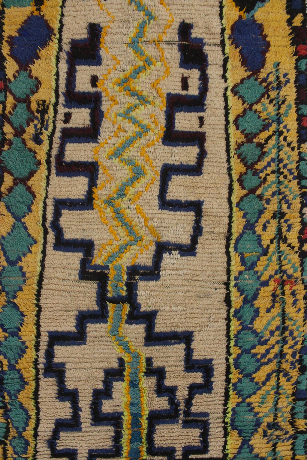 Vintage moroccan rug - beige, blue, green - Azilal - 3.3x6.4feet / 100x197cm