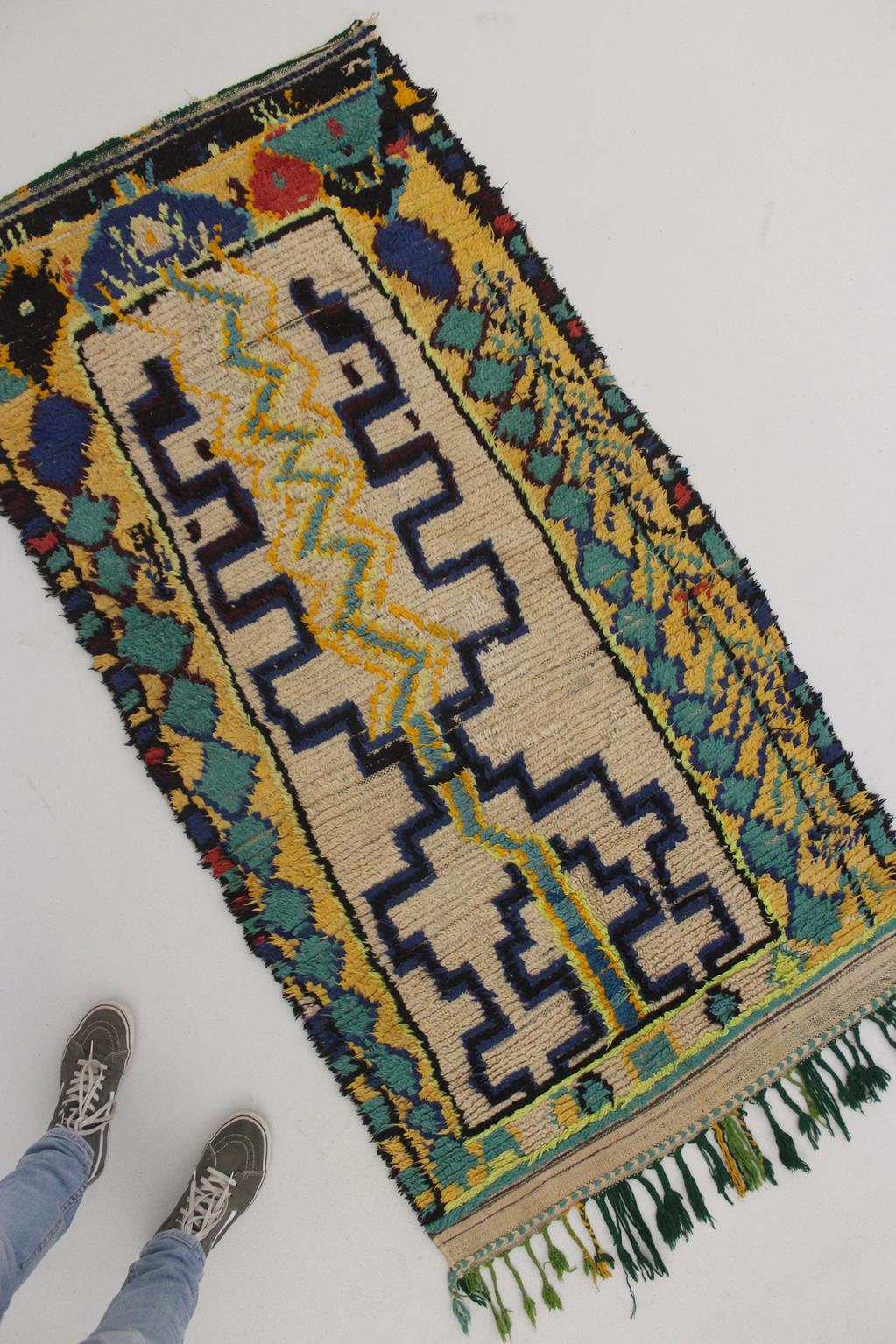 Vintage moroccan rug - beige, blue, green - Azilal - 3.3x6.4feet / 100x197cm