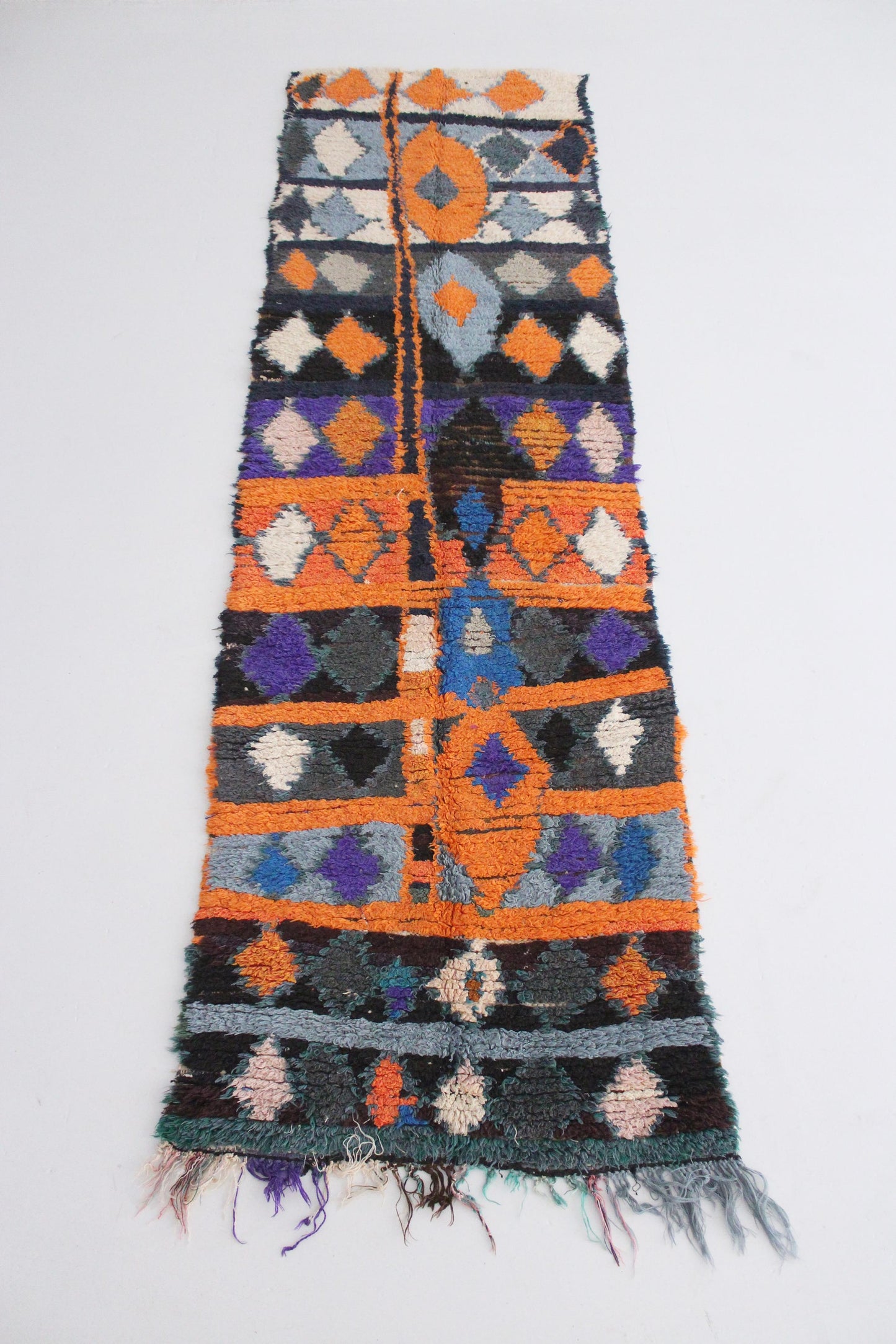 Vintage moroccan runner rug - green, blue, orange - Boucherouite - 2.4x8.7feet / 75x265cm