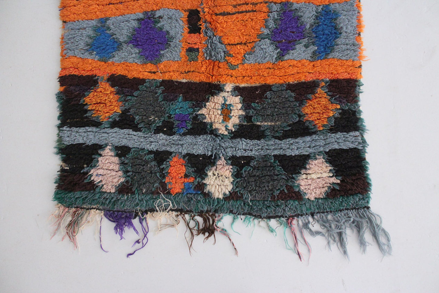Vintage moroccan runner rug - green, blue, orange - Boucherouite - 2.4x8.7feet / 75x265cm