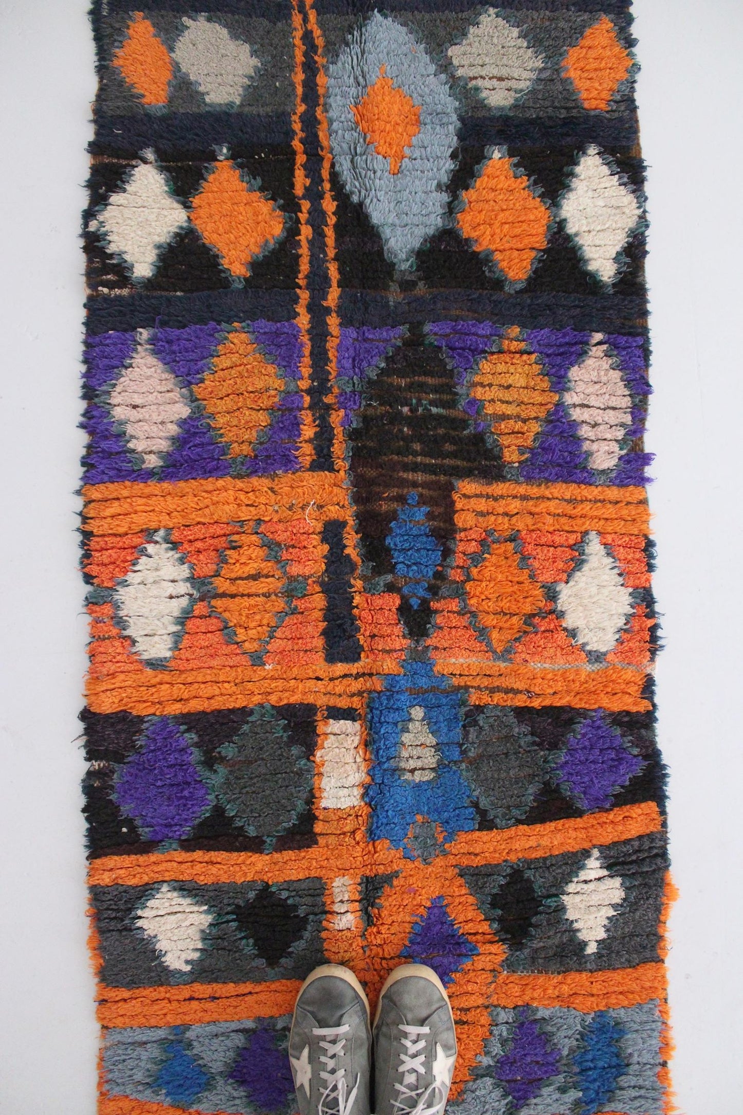 Vintage moroccan runner rug - green, blue, orange - Boucherouite - 2.4x8.7feet / 75x265cm