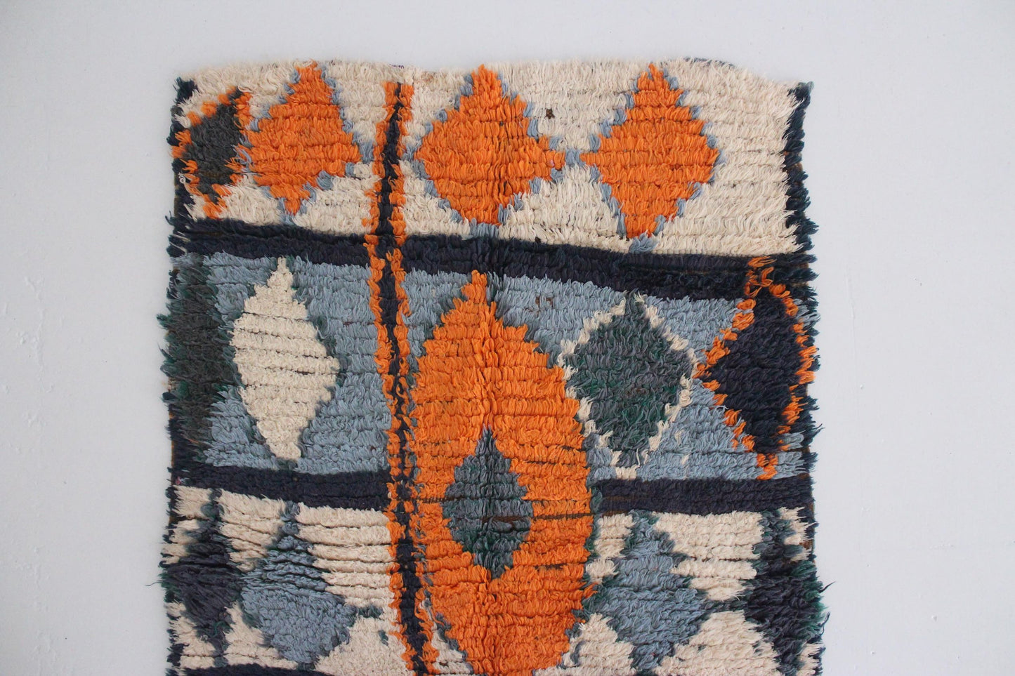 Vintage moroccan runner rug - green, blue, orange - Boucherouite - 2.4x8.7feet / 75x265cm