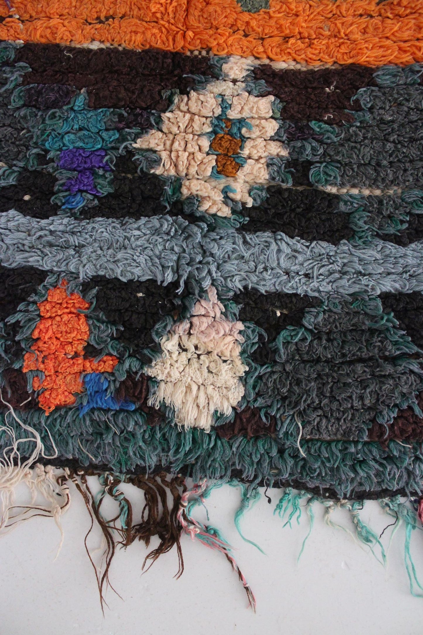 Vintage moroccan runner rug - green, blue, orange - Boucherouite - 2.4x8.7feet / 75x265cm