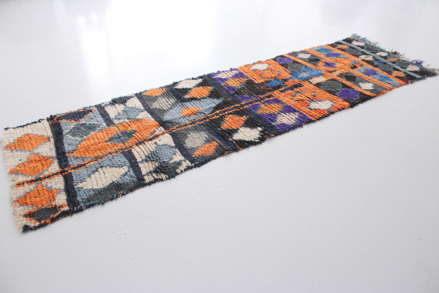 Vintage moroccan runner rug - green, blue, orange - Boucherouite - 2.4x8.7feet / 75x265cm