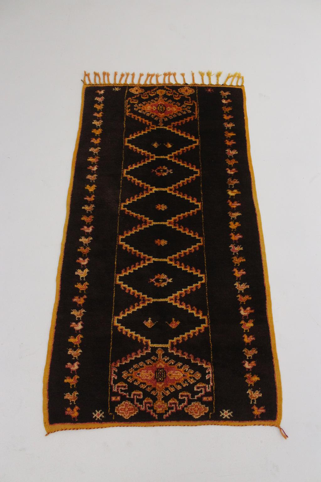 Vintage small moroccan rug - brown, yellow, red - Taznakht - 3.3x6.4feet / 100x195cm