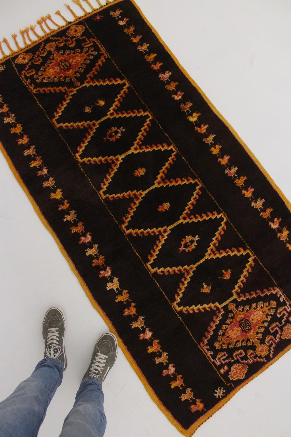 Vintage small moroccan rug - brown, yellow, red - Taznakht - 3.3x6.4feet / 100x195cm