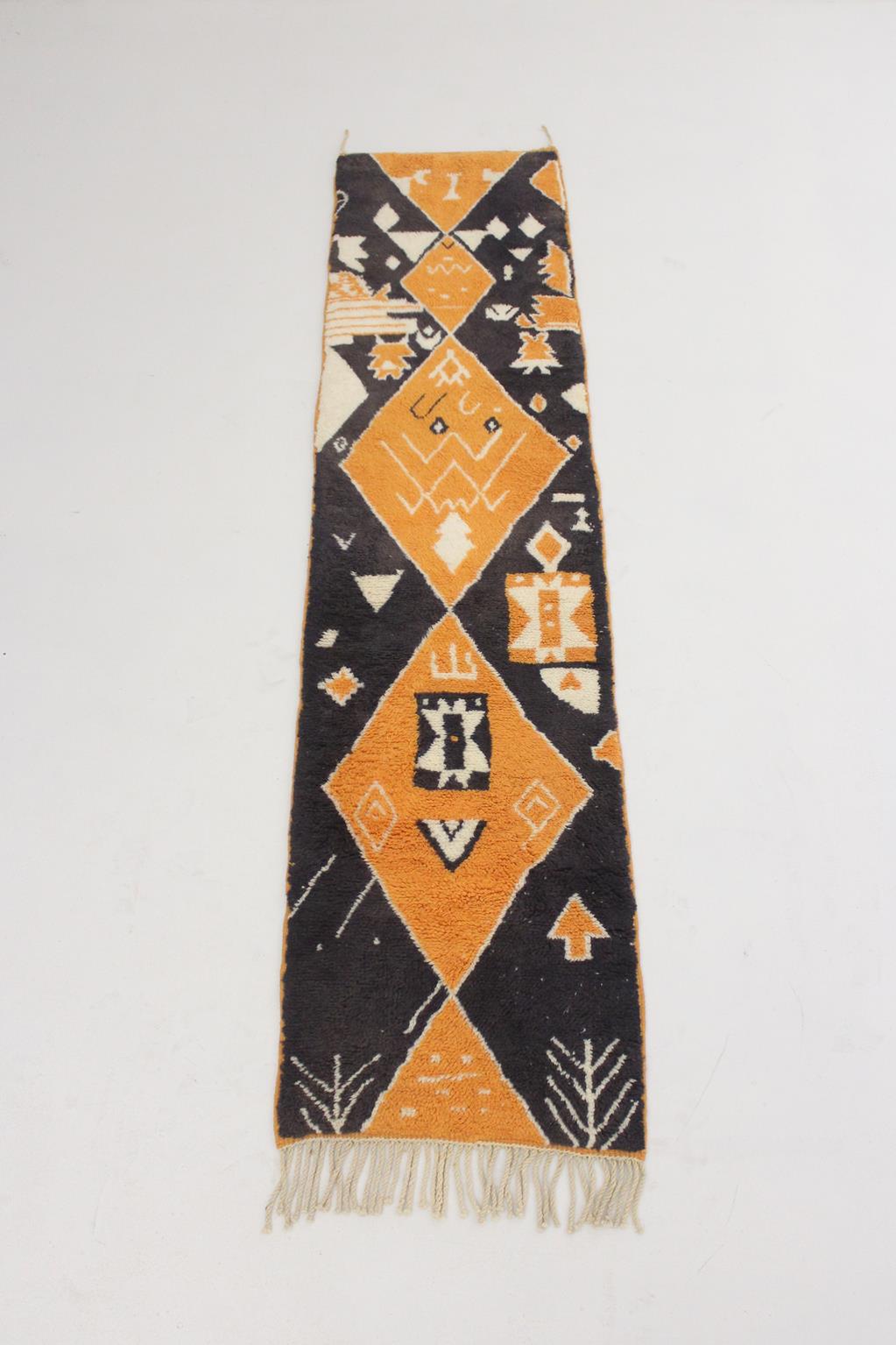 Contemporary moroccan runner rug - black, orange - Mrirt - 2.4x9.9feet / 74x303cm