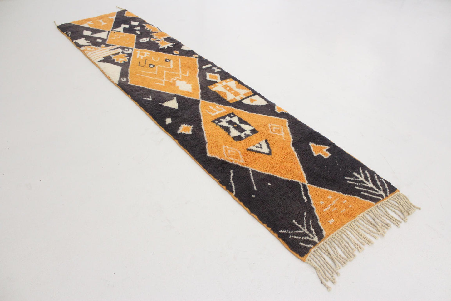 Contemporary moroccan runner rug - black, orange - Mrirt - 2.4x9.9feet / 74x303cm