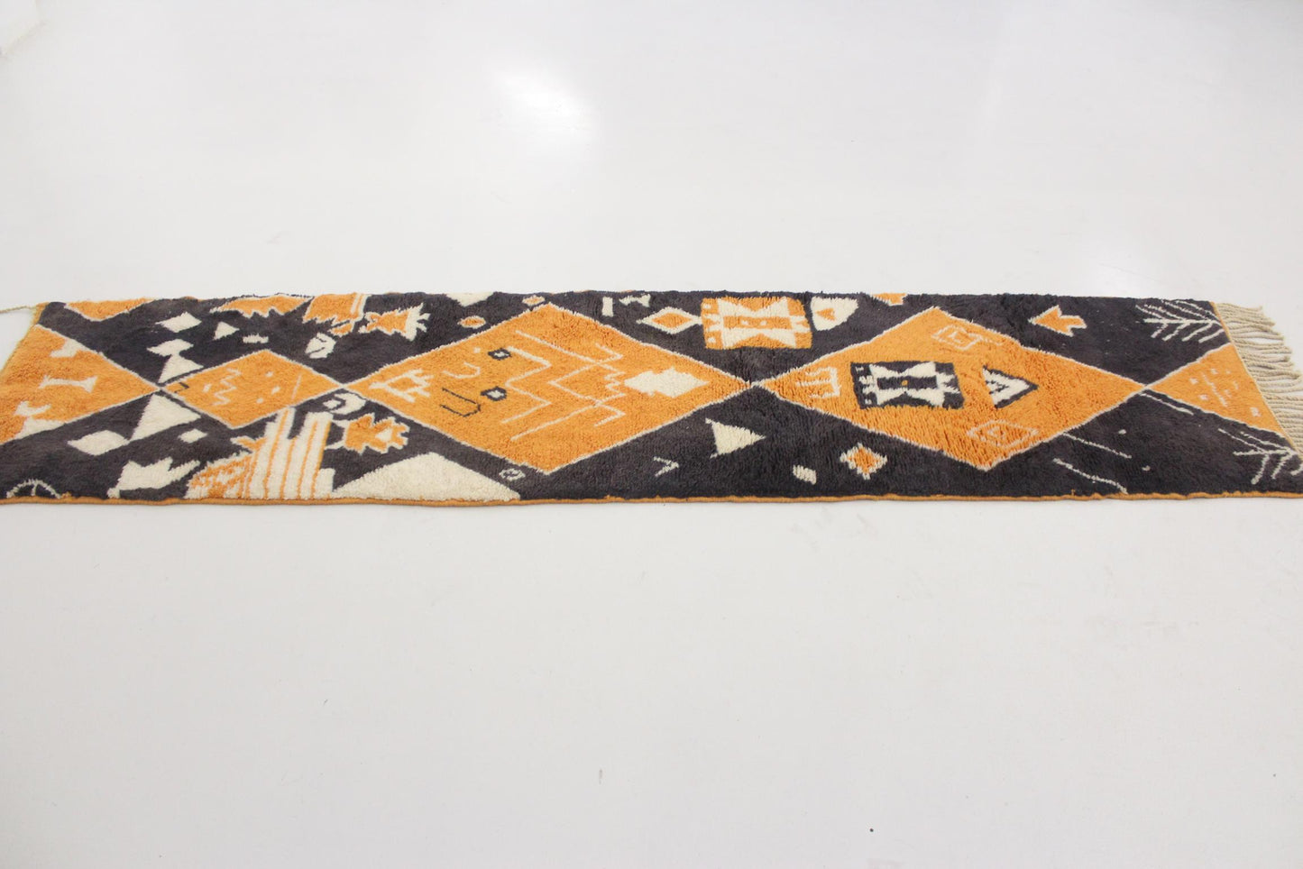 Contemporary moroccan runner rug - black, orange - Mrirt - 2.4x9.9feet / 74x303cm