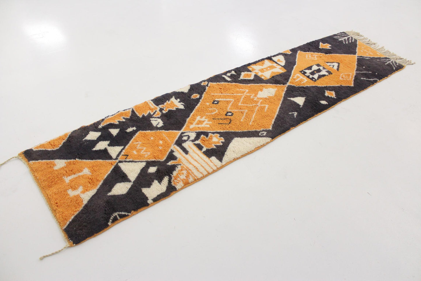 Contemporary moroccan runner rug - black, orange - Mrirt - 2.4x9.9feet / 74x303cm