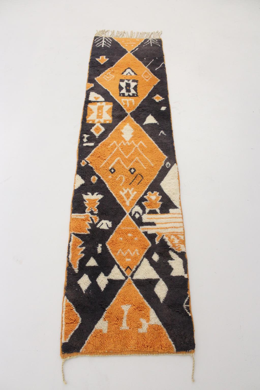 Contemporary moroccan runner rug - black, orange - Mrirt - 2.4x9.9feet / 74x303cm
