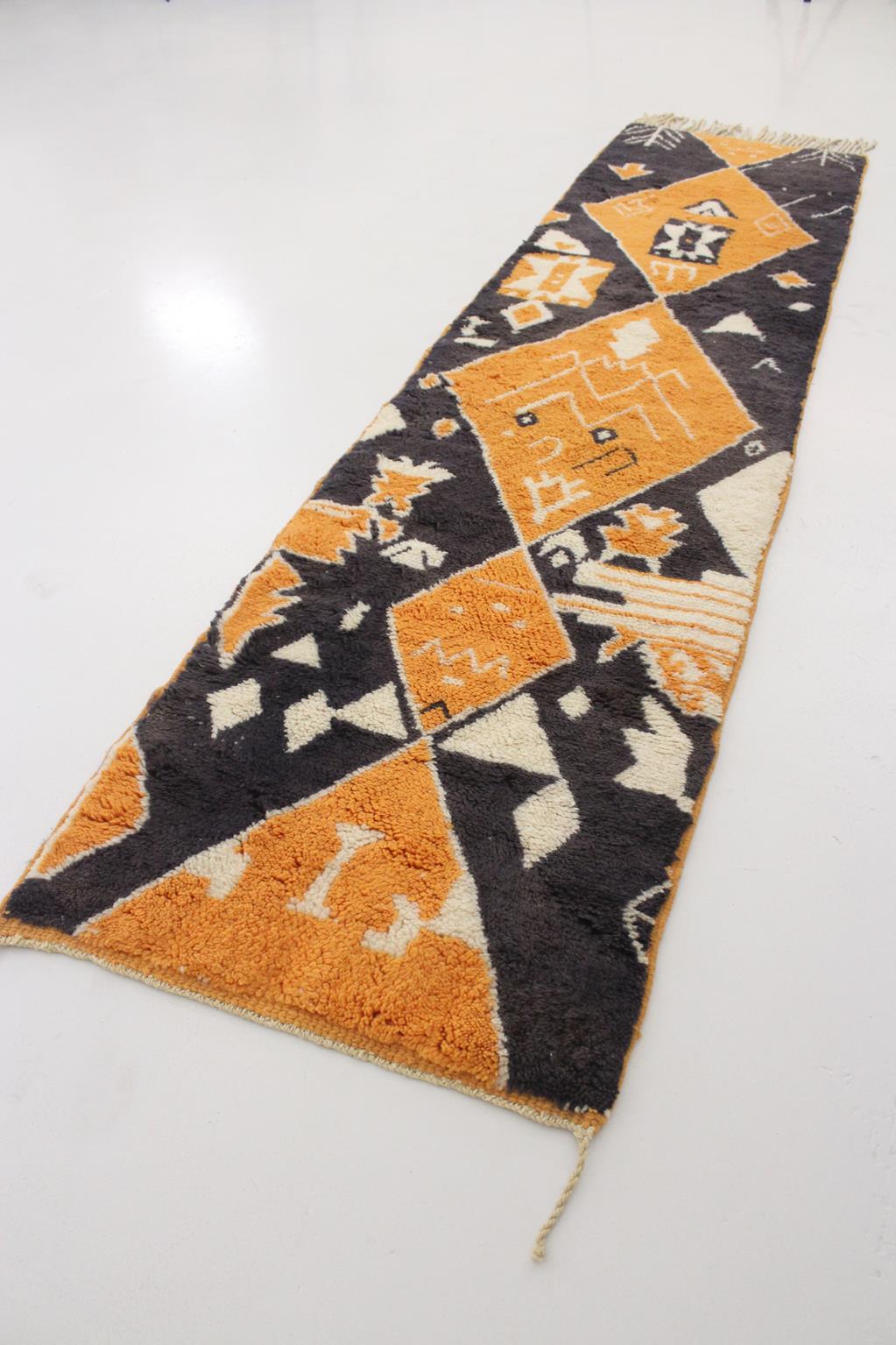 Contemporary moroccan runner rug - black, orange - Mrirt - 2.4x9.9feet / 74x303cm