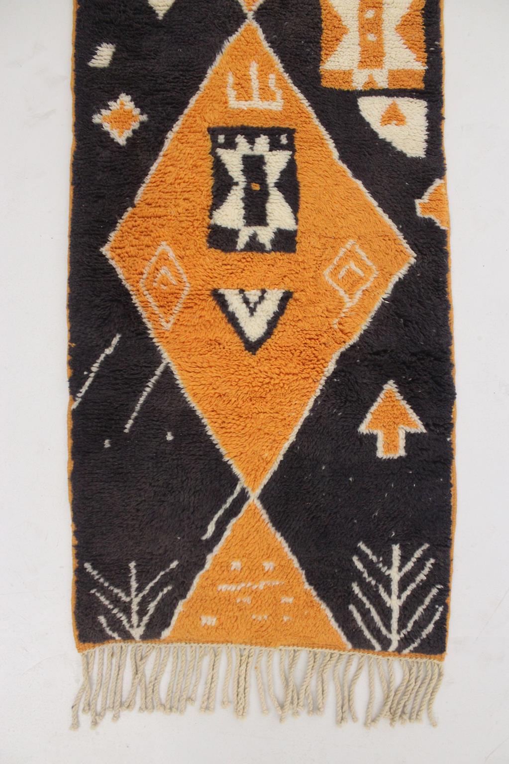 Contemporary moroccan runner rug - black, orange - Mrirt - 2.4x9.9feet / 74x303cm